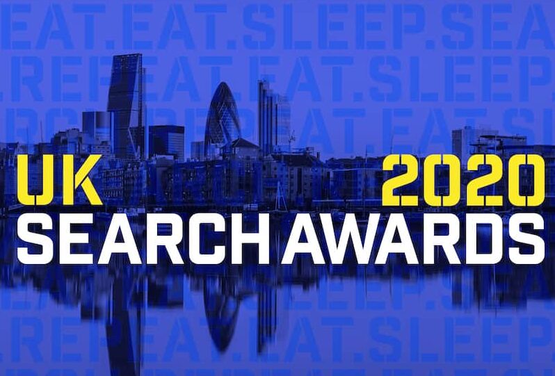 UK Search Awards 2020 logo, featuring the London City skyline in the background.